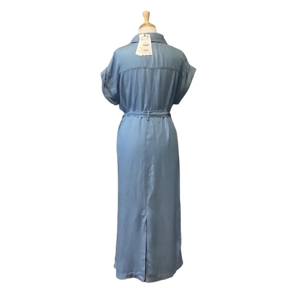 New Zara soft denim Shirt Midi Maxi belted Dress size Medium linen blend